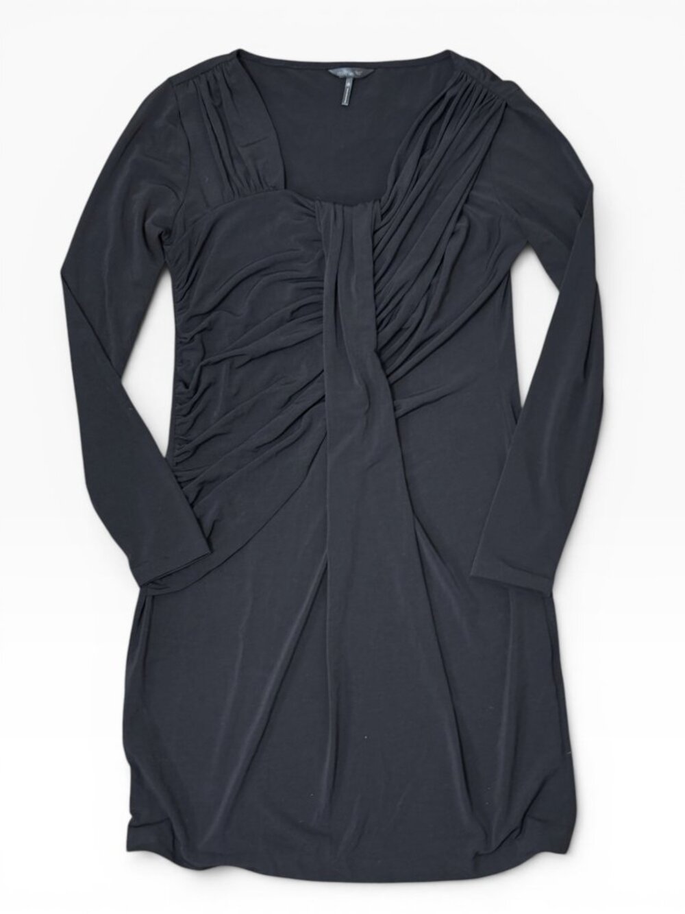 Daisy Fuentes Onyx Black Ruched Long Sleeve Mini Dress Size S Stretch Knit